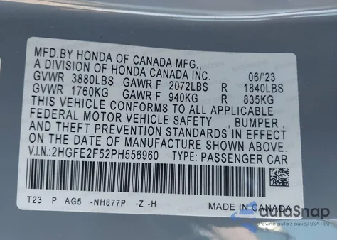 2023 Honda Civic Sport z USA, uszkodzony, nr VIN 2HGFE2F52PH556960